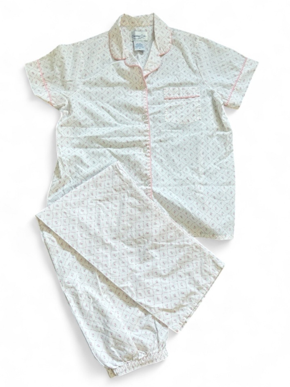 Vintage Short Sleeve Cotton Pajama Set with Pink Piping and Floral Motif Size M